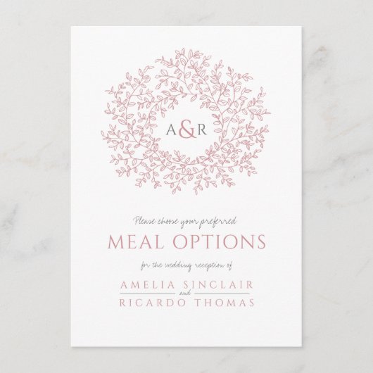 Bruiloft blush roze blad monogram maaltijdopties informatiekaartje (Voorkant)