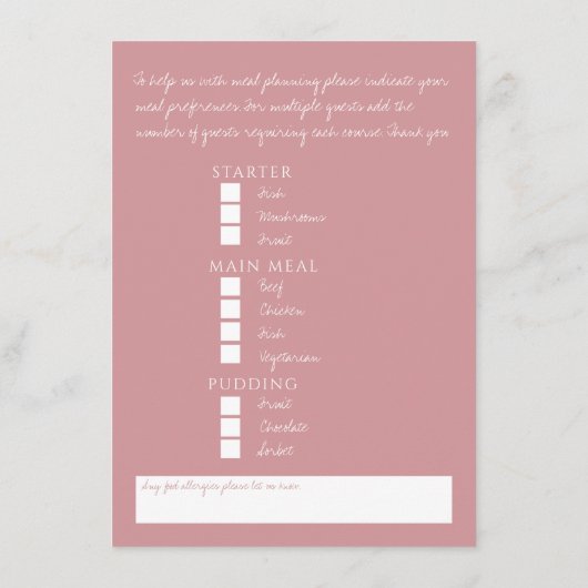 Bruiloft blush roze blad monogram maaltijdopties informatiekaartje (Achterkant)