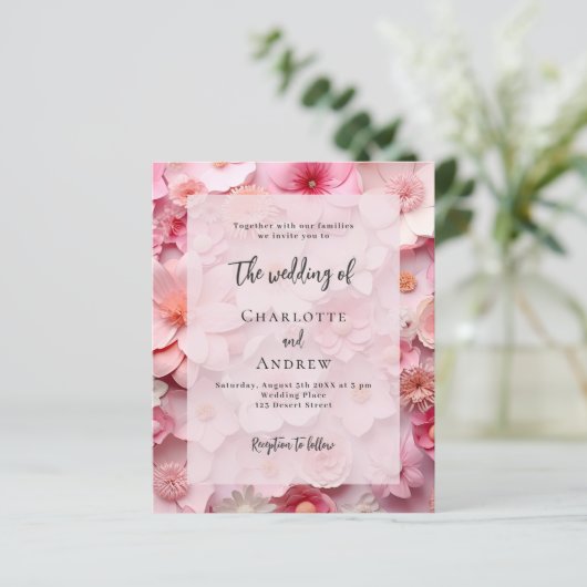 Bruiloft blush roze florals budget uitnodiging (Staand voorkant)