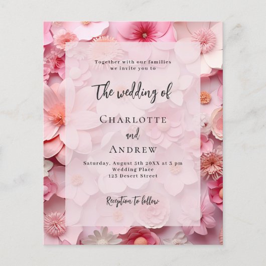 Bruiloft blush roze florals budget uitnodiging (Voorkant)