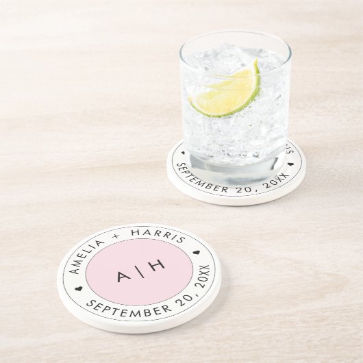 Bruiloft Blush Roze Initiaal Monogram Paar Naam Zandsteen Onderzetter (Zijkant)