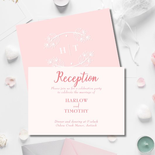 Bruiloft blush roze Monogram Receptie detail Informatiekaartje