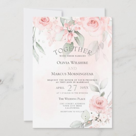 Bruiloft | Blush roze Waterverf Florence Rozen Kaart (Voorkant)