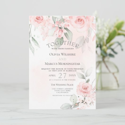 Bruiloft | Blush roze Waterverf Florence Rozen Kaart (Staand voorkant)