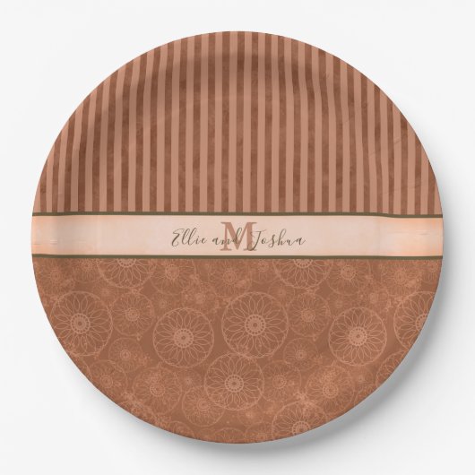 Bruiloft Boho Sinaasappel & Bruin Geometrische Str Papieren Bordje (Voorkant)