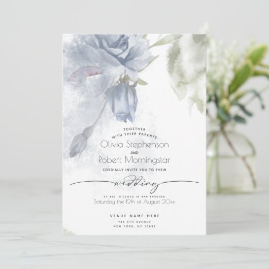 BRUILOFT | Boho Waterverf Dusty Blue Roos Kaart (Staand voorkant)