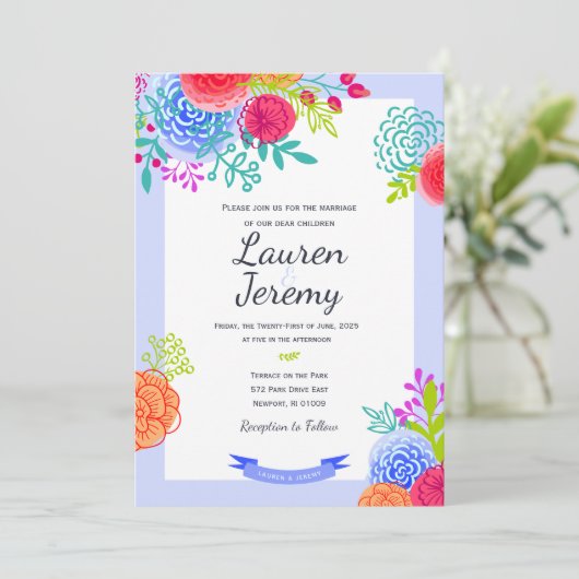 Bruiloft Bold Kleurrijke Bloemen Schets Casual Boe Kaart (Staand voorkant)