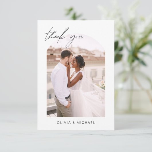 Bruiloft boog dank u foto minimalistisch romantisc bedankkaart (Staand voorkant)