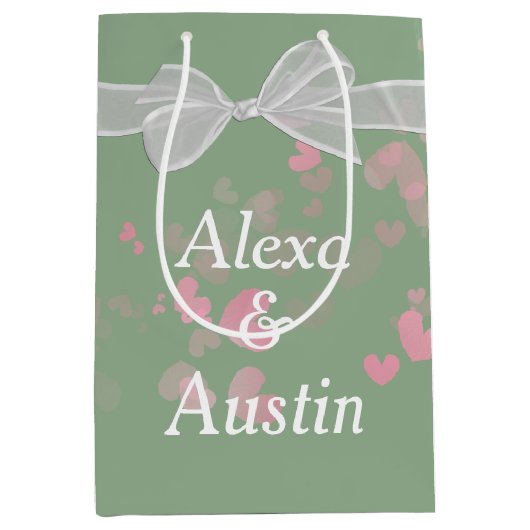 Bruiloft boog op salie groen met harten medium cadeauzakje (Voorkant)