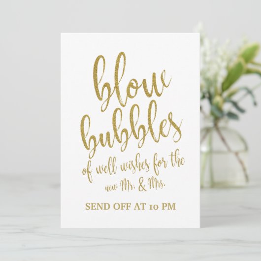 Bruiloft bord 'Bubbles Send Off' goud betaalbaar Kaart (Staand voorkant)