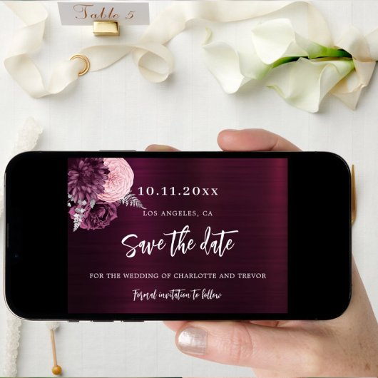 Bruiloft bordeaux roze bloemen elegant save the date