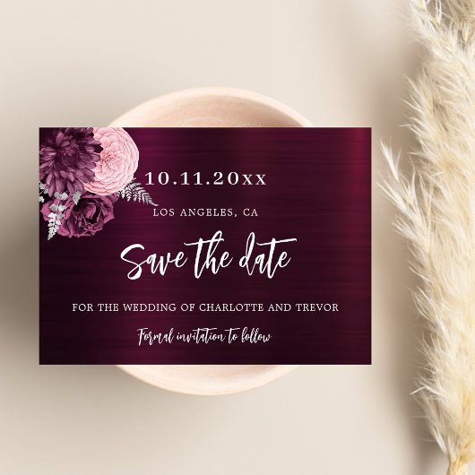 Bruiloft bordeaux roze bloemen elegant save the date