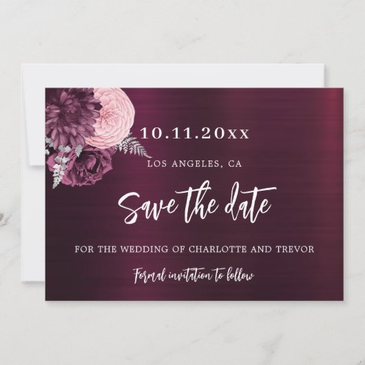 Bruiloft bordeaux roze bloemen elegant save the date (Voorkant)