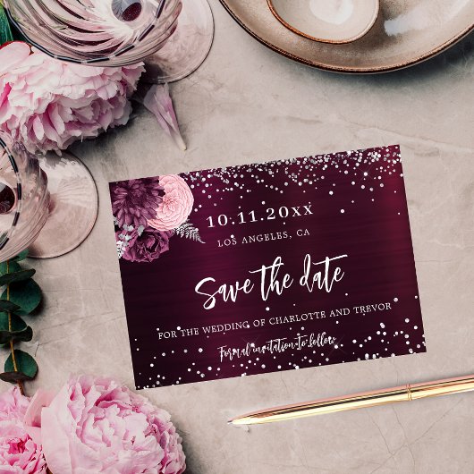 Bruiloft bordeaux zilveren bloemen elegant save the date