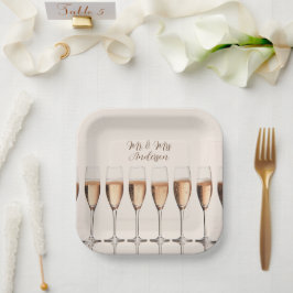 Bruiloft Borden Rij van Roze Champagneglazen Papieren Bordje