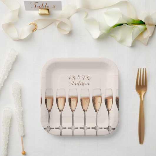 Bruiloft Borden Rij van Roze Champagneglazen Papieren Bordje (Huwelijk)