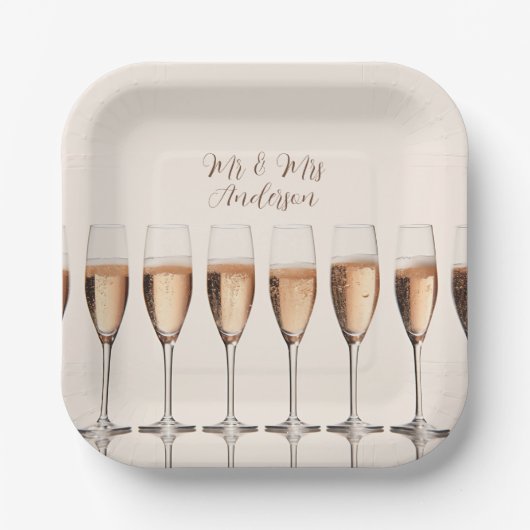 Bruiloft Borden Rij van Roze Champagneglazen Papieren Bordje (Voorkant)
