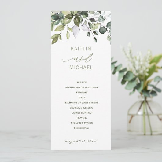 Bruiloft Botanische Waterverf groen elegant Programmakaart (Staand voorkant)