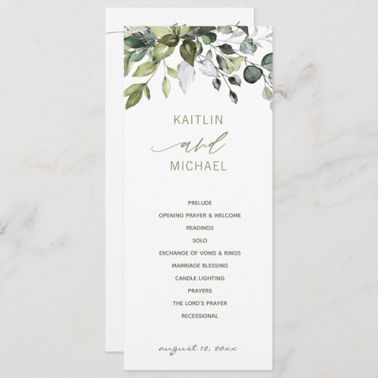 Bruiloft Botanische Waterverf groen elegant Programmakaart (Voorkant / Achterkant)