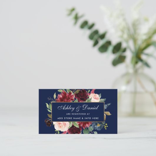 Bruiloft Bourgogne Blauw Bloemen Registry Invoegen Informatiekaartje (Staand voorkant)