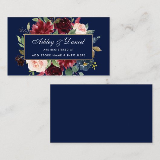 Bruiloft Bourgogne Blauw Bloemen Registry Invoegen Informatiekaartje (Voorkant / Achterkant)