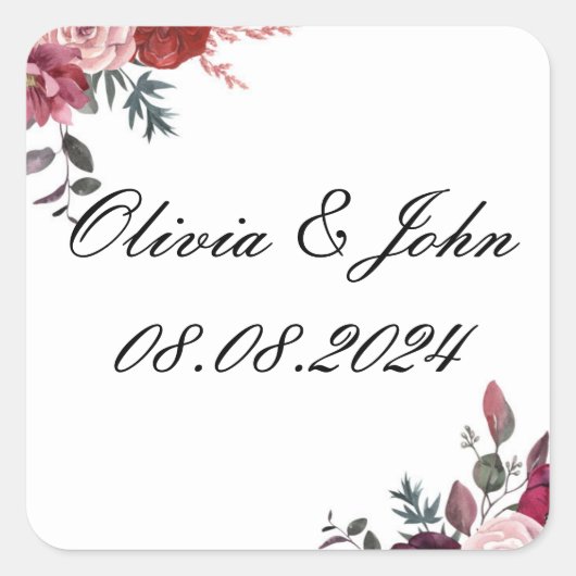 Bruiloft Bourgogne Bloemen Vierkante Sticker (Voorkant)