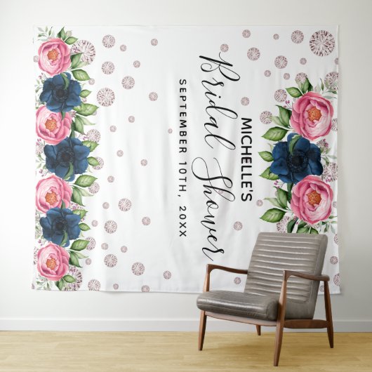 Bruiloft Bridal Shower blauw roze bloemen witte di Wandkleed (In Situ (horizontaal))