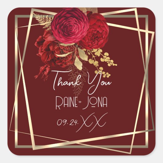 Bruiloft Bridal Shower Favor Rood Bloemmotief Burg Vierkante Sticker (Voorkant)