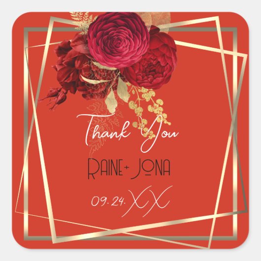 Bruiloft Bridal Shower Favor Rood Bloemmotief Goud Vierkante Sticker (Voorkant)