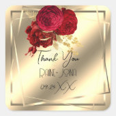 Bruiloft Bridal Shower Favor Rood Bloemmotief Goud Vierkante Sticker (Voorkant)
