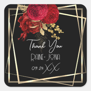 Bruiloft Bridal Shower Favor Rood Bloemmotief Zwar Vierkante Sticker