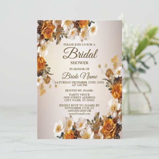 Bruiloft Bridal Shower Feest Gouden Witte Bloemen Kaart (Staand voorkant)