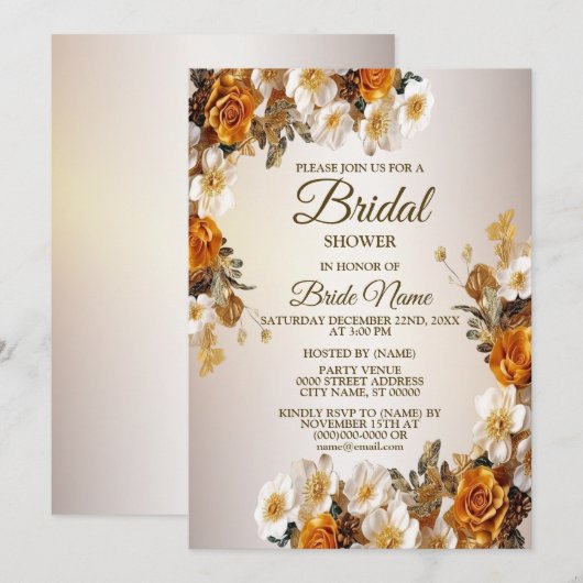 Bruiloft Bridal Shower Feest Gouden Witte Bloemen Kaart (Voorkant / Achterkant)