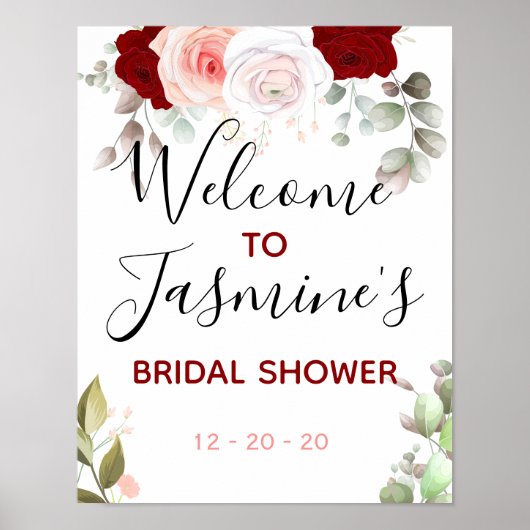 Bruiloft Bridal Shower Welkom Bord, Rood, Blush, E Poster (Voorkant)