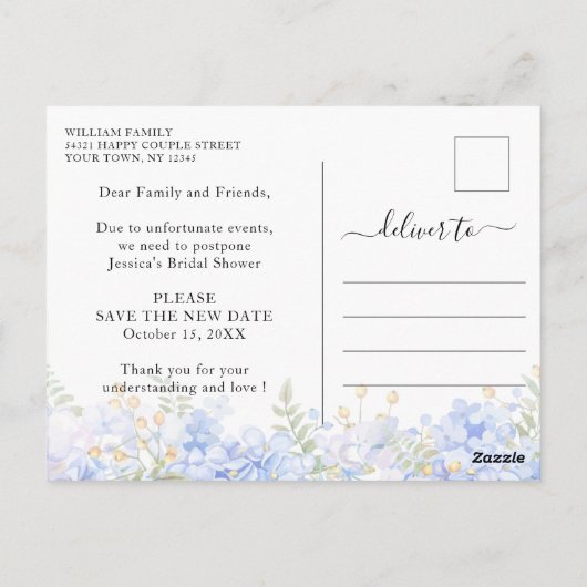 Bruiloft Bridal Shower Wijziging van plannen Blauw Briefkaart (Achterkant)