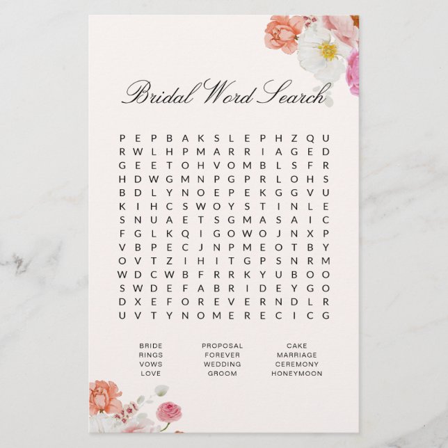 Bruiloft Bridal Shower Woordzoek Florale Spelkaart (Voorkant)