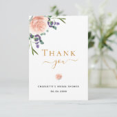 Bruiloft bruidsboeket bloem roze goud roze lavende bedankkaart (Staand voorkant)