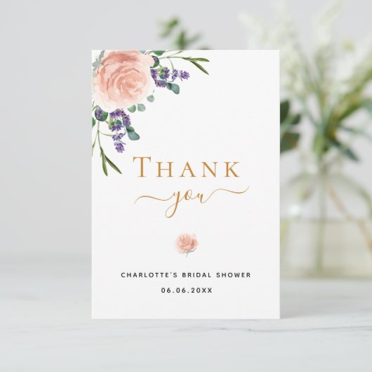 Bruiloft bruidsboeket bloem roze goud roze lavende bedankkaart (Staand voorkant)