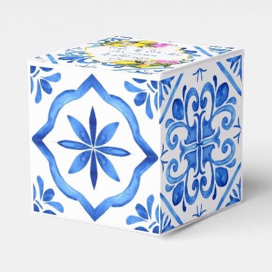 Bruiloft bruidsfeest favors blauwe tegels citroene bedankdoosjes (Voorkant Zijde)