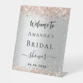 Bruiloft bruidsfeest zilver roosgoud glitters welk reclamebord met voetstuk (Voorkant)