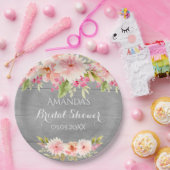 Bruiloft bruidsfeestje grijs roze bloemen rustiek papieren bordje (Feest)