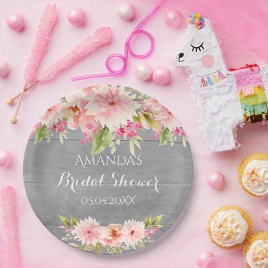 Bruiloft bruidsfeestje grijs roze bloemen rustiek papieren bordje (Feest)