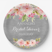 Bruiloft bruidsfeestje grijs roze bloemen rustiek papieren bordje (Voorkant)