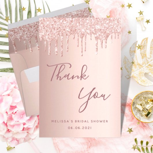 Bruiloft bruidsshower roze gouden glinsterende dru bedankkaart