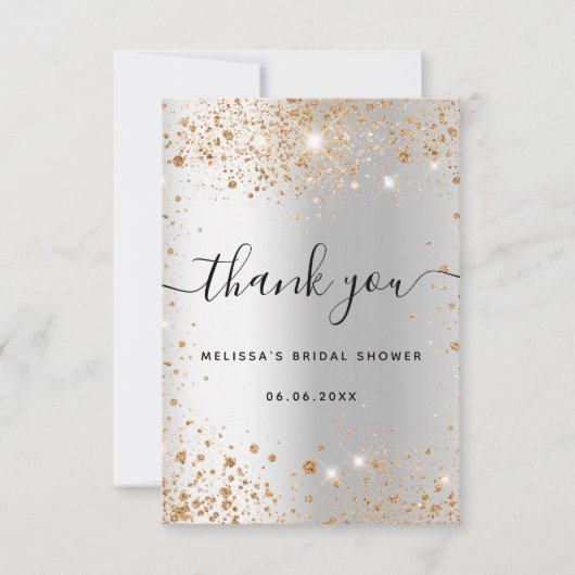 Bruiloft bruidssluiting zilver goud glitters glamo bedankkaart (Voorkant)