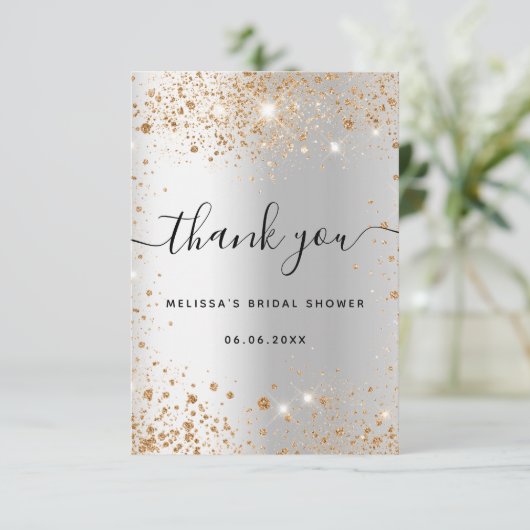 Bruiloft bruidssluiting zilver goud glitters glamo bedankkaart (Staand voorkant)