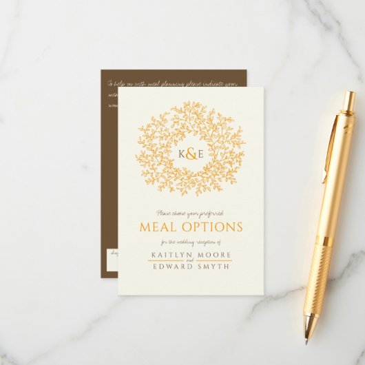 Bruiloft bruin sinaasappel blad monogram maaltijdo informatiekaartje (Voorkant / Achterkant in situ)