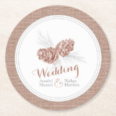 Bruiloft bruine winter dennen kegel papier onderze ronde kartonnen onderzetter (Voorkant)