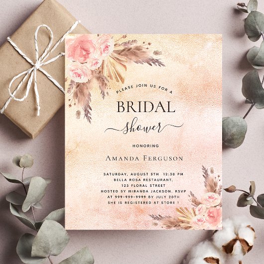 Bruiloft brunch boho pampasgras roze goud budget flyer
