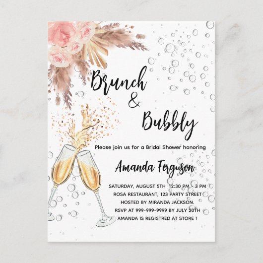 Bruiloft Brunch Borrelroze Pampas Gras Uitnodiging Briefkaart (Voorkant)